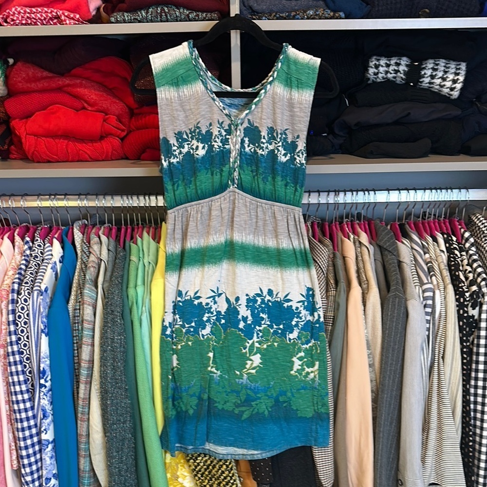 Sonoma green/gray/blue floral print elastic waist braided detail dress size S